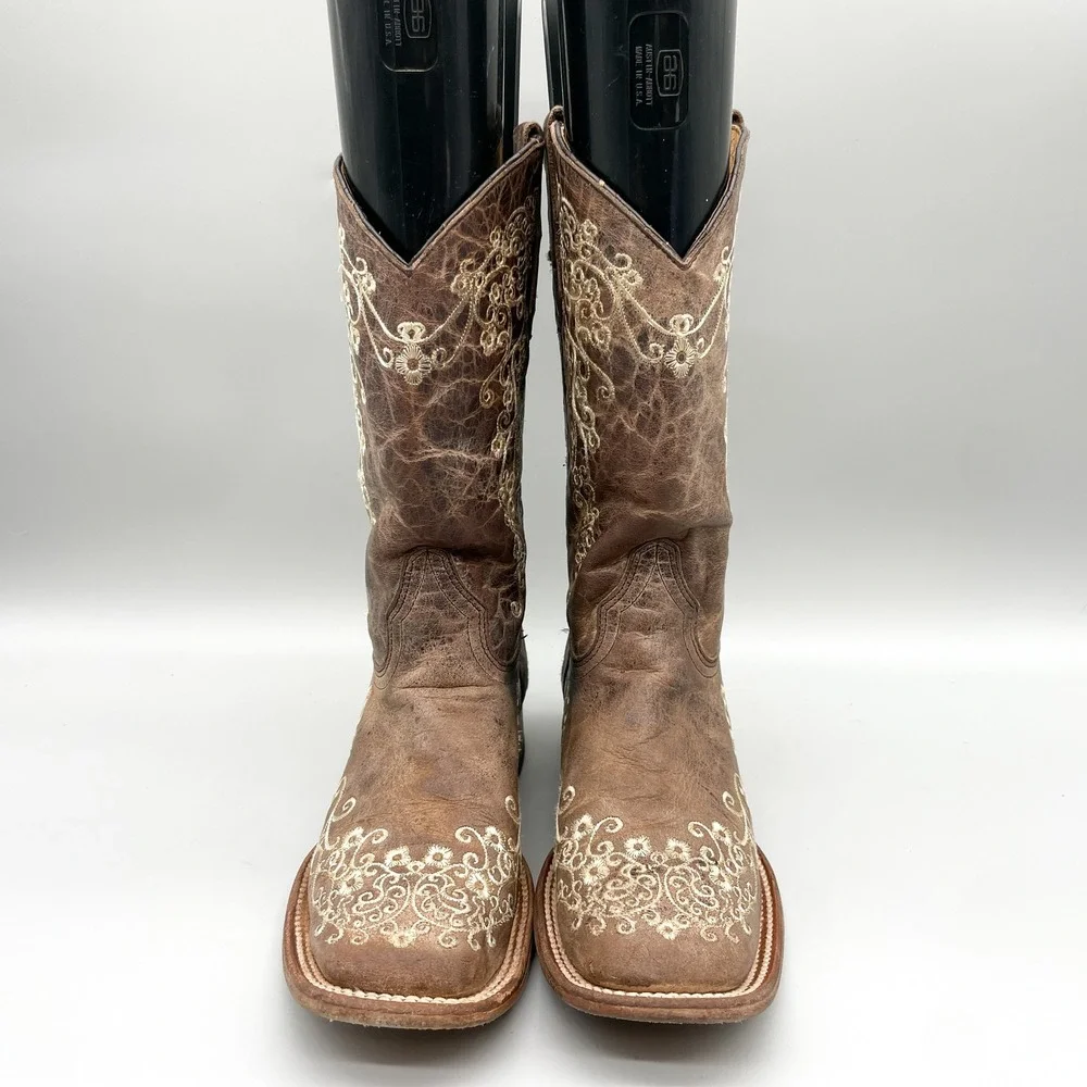 Corral Teen Size 4T Brown Leather Floral Embroidered Square Toe Western Boots